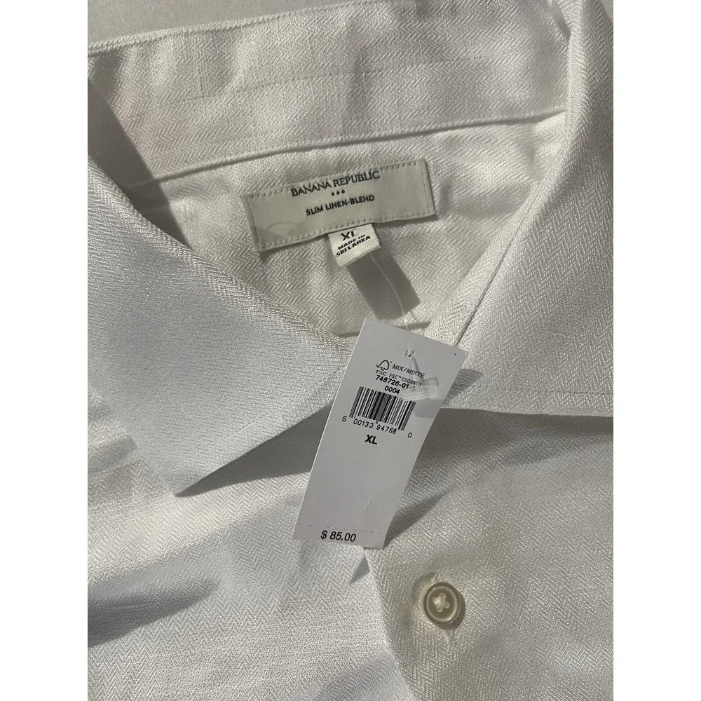 NWT Banana Republic Men's White Slim Linen Blend Button Up Long Sleeve Top XL